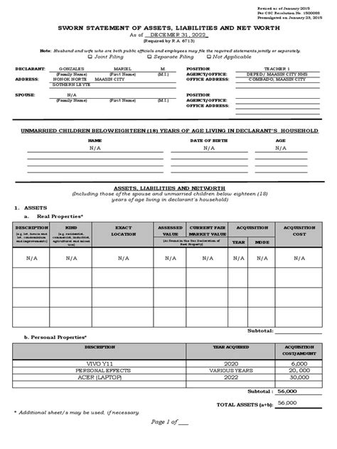 Statement of Assets, Liabilities, and Net Worth (SALN) Form.